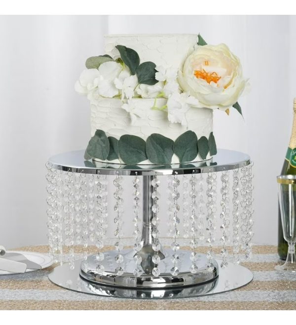 Silver Cake Stand with Beaded Crystal Metal Pedestal - Image 2
