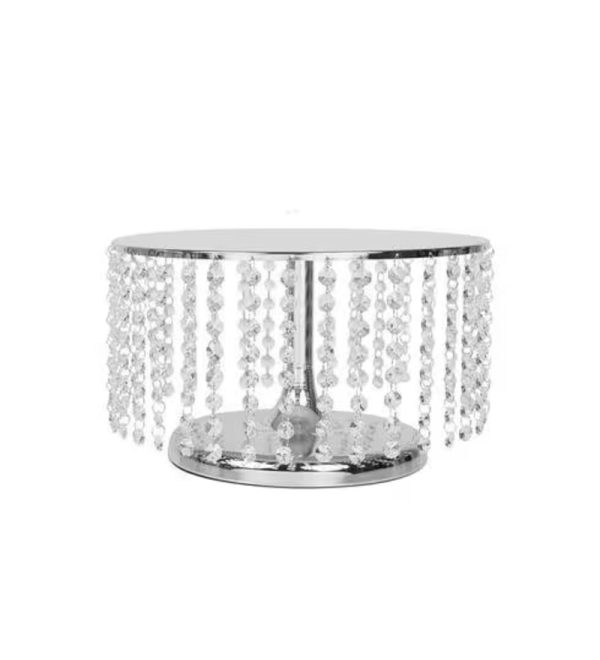 Silver Cake Stand with Beaded Crystal Metal Pedestal